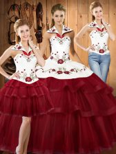 Artistic Satin and Organza Halter Top Sleeveless Sweep Train Lace Up Embroidery and Ruffled Layers Vestidos de Quinceanera in Wine Red