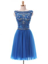  Sleeveless Tulle Mini Length Zipper Prom Gown in Blue with Beading