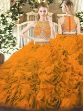  Scoop Sleeveless Zipper Quinceanera Dresses Orange Red Fabric With Rolling Flowers
