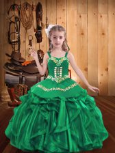  Turquoise Straps Lace Up Embroidery and Ruffles Pageant Dress for Girls Sleeveless