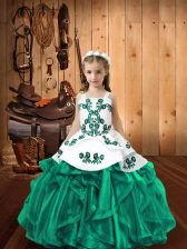  Turquoise Child Pageant Dress Sweet 16 and Quinceanera with Embroidery and Ruffles Straps Sleeveless Lace Up