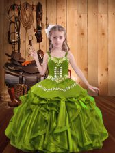 Latest Olive Green Straps Lace Up Embroidery and Ruffles Pageant Dress for Teens Sleeveless