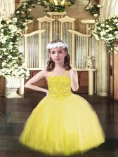 Stylish Yellow Sleeveless Floor Length Beading Lace Up Pageant Dress for Girls
