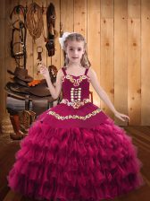 Custom Designed Embroidery and Ruffled Layers Girls Pageant Dresses Fuchsia Lace Up Sleeveless Floor Length