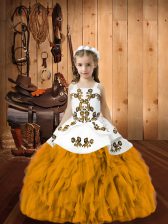Cute Gold Ball Gowns Straps Sleeveless Organza Floor Length Lace Up Embroidery and Ruffles Pageant Dress for Womens