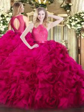 Traditional Hot Pink Sleeveless Fabric With Rolling Flowers Zipper Quinceanera Dress for Military Ball and Sweet 16 and Quinceanera