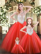  Tulle Scoop Sleeveless Lace Up Beading Sweet 16 Quinceanera Dress in Red