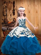 Graceful Blue Straps Neckline Embroidery and Ruffles Kids Pageant Dress Sleeveless Lace Up