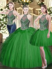 Eye-catching Ball Gowns Ball Gown Prom Dress Dark Green High-neck Tulle Sleeveless Floor Length Lace Up