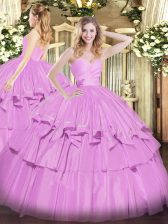Custom Designed Lilac Taffeta Lace Up 15th Birthday Dress Sleeveless Floor Length Beading and Ruffled Layers