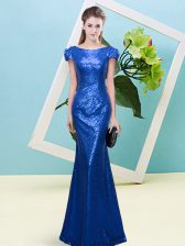  Royal Blue Sequined Zipper Dress for Prom Cap Sleeves Floor Length Sequins