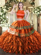  Rust Red Two Pieces High-neck Sleeveless Tulle Floor Length Criss Cross Ruffles and Sequins Quinceanera Dress