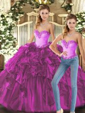 Glorious Fuchsia Ball Gowns Organza Sweetheart Sleeveless Ruffles Floor Length Lace Up Sweet 16 Dress