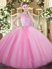 Admirable Rose Pink Zipper Bateau Beading Sweet 16 Quinceanera Dress Tulle Sleeveless