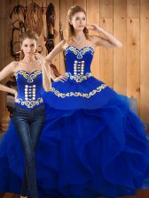  Satin and Organza Sweetheart Sleeveless Lace Up Embroidery and Ruffles Quinceanera Dress in Blue