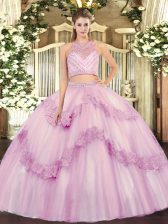 Customized Two Pieces Ball Gown Prom Dress Lilac Scoop Tulle Sleeveless Floor Length Zipper