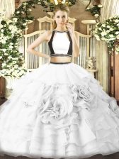 Free and Easy White Tulle Zipper Halter Top Sleeveless Floor Length Quinceanera Dresses Ruffled Layers