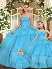 Free and Easy Beading and Ruffled Layers Ball Gown Prom Dress Aqua Blue Lace Up Sleeveless Floor Length