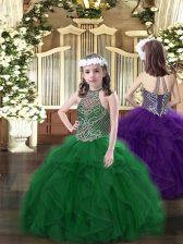 New Arrival Dark Green Ball Gowns Organza Halter Top Sleeveless Beading and Ruffles Floor Length Lace Up Winning Pageant Gowns