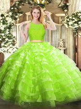 Popular Yellow Green Sleeveless Floor Length Lace and Ruffled Layers Zipper 15 Quinceanera Dress