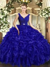  Royal Blue Sweet 16 Dress Sweet 16 and Quinceanera with Beading and Ruffles V-neck Sleeveless Backless