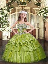 Attractive Olive Green Organza Lace Up Straps Sleeveless Floor Length Kids Formal Wear Appliques and Ruffled Layers