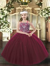 Exquisite Burgundy Sleeveless Tulle Lace Up Little Girls Pageant Dress Wholesale for Party and Quinceanera