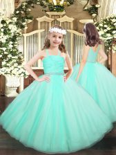  Apple Green Tulle Zipper Straps Sleeveless Floor Length Little Girl Pageant Gowns Beading and Lace