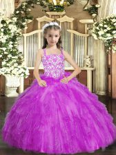  Straps Sleeveless Pageant Dress Floor Length Beading and Ruffles Lilac Organza