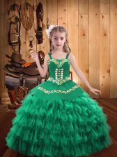 Inexpensive Straps Sleeveless Pageant Dress Womens Floor Length Embroidery and Ruffled Layers Turquoise Organza