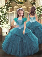  Straps Sleeveless Little Girls Pageant Dress Wholesale Floor Length Beading and Ruffles Teal Organza