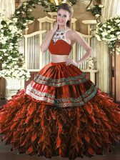 New Arrival Rust Red Two Pieces High-neck Sleeveless Tulle Floor Length Backless Beading and Ruffles Vestidos de Quinceanera