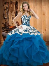Sweet Sleeveless Satin and Organza Floor Length Lace Up Quinceanera Dresses in Baby Blue with Embroidery and Ruffles