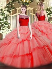Fashionable Sleeveless Organza Floor Length Zipper Sweet 16 Quinceanera Dress in Watermelon Red with Beading and Appliques