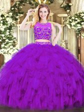Amazing Purple Tulle Zipper Scoop Sleeveless Floor Length Quince Ball Gowns Beading and Ruffles