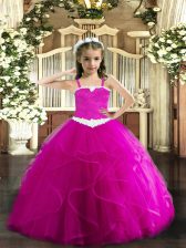 Fantastic Sleeveless Appliques and Ruffles Lace Up Little Girls Pageant Gowns