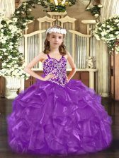  Purple Organza Lace Up Pageant Dress Womens Sleeveless Floor Length Beading