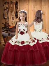  Wine Red Lace Up Kids Formal Wear Embroidery and Ruffled Layers Sleeveless Floor Length