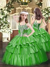 Inexpensive Green Organza Lace Up Straps Sleeveless Floor Length Kids Formal Wear Appliques and Ruffled Layers