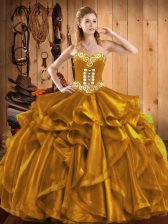  Embroidery and Ruffles Quinceanera Gown Gold Lace Up Sleeveless Floor Length