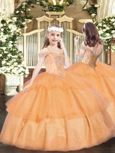 Lovely Orange Lace Up Off The Shoulder Beading and Ruffled Layers Pageant Gowns For Girls Organza Sleeveless