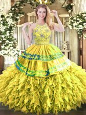 Sophisticated Yellow Green Ball Gowns Organza Halter Top Sleeveless Beading and Ruffles Floor Length Zipper Quinceanera Dress