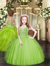 High Class Ball Gowns Tulle Spaghetti Straps Sleeveless Beading and Ruffles Floor Length Lace Up Kids Formal Wear