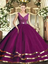 Traditional Fuchsia Ball Gowns Beading and Ruffled Layers and Ruching Quinceanera Dress Backless Tulle Sleeveless Floor Length