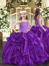  Straps Sleeveless Organza Pageant Gowns Beading and Ruffles Lace Up