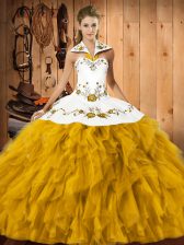 Fashion Gold Satin and Organza Lace Up 15th Birthday Dress Sleeveless Floor Length Embroidery and Ruffles