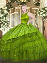 Fashionable Sleeveless Satin and Organza Floor Length Lace Up Quinceanera Dresses in Olive Green with Embroidery and Ruffled Layers
