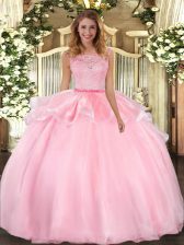  Organza Scoop Sleeveless Clasp Handle Lace Quince Ball Gowns in Pink 