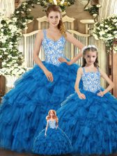  Teal Ball Gowns Beading and Ruffles Quinceanera Dress Lace Up Organza Sleeveless Floor Length