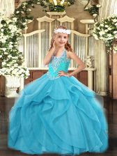 Superior Floor Length Aqua Blue Little Girl Pageant Dress Straps Sleeveless Lace Up